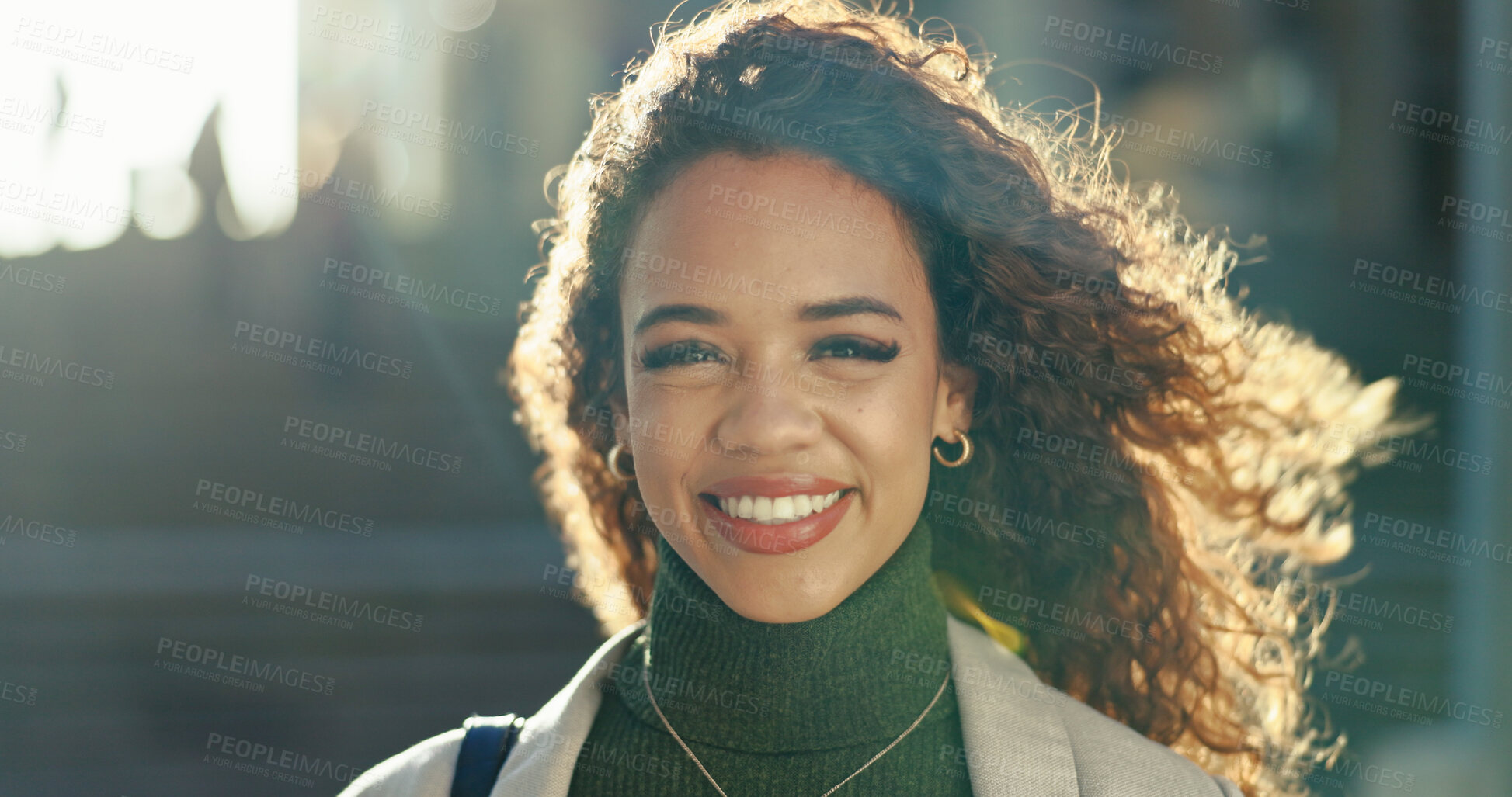 Buy stock photo Smile, urban and portrait of business woman in city for morning commute, journey and opportunity. Happiness, confidence and pride with female employee in Brazil outdoors for career and professional