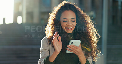 Buy stock photo Smartphone, smile and business woman in city for text, check schedule and reading email for mortgage. Mobile, outdoor or real estate broker on internet for sale, property listing or urban development