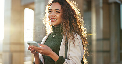 Buy stock photo Smile, thinking and phone with woman in city for direction, location app and travel. Social media, search and online map with person and mobile in Brazil for navigation, network and adventure