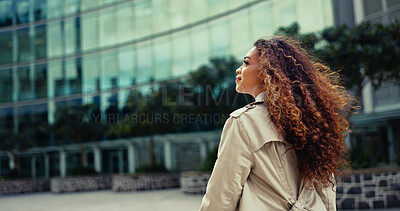 Buy stock photo Commuting, road and woman in city, travel and journey for work, thinking and outdoor in morning. Trip, contemplating and professional with ideas for journalism, confident and opportunity for person