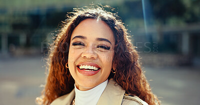 Buy stock photo Laughing, professional and portrait of business woman in city for morning commute, funny and opportunity. Happiness, confidence and comic with female employee in Brazil outdoors for career and urban