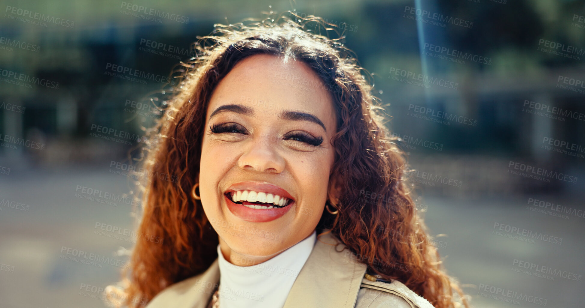 Buy stock photo Laughing, professional and portrait of business woman in city for morning commute, funny and opportunity. Happiness, confidence and comic with female employee in Brazil outdoors for career and urban