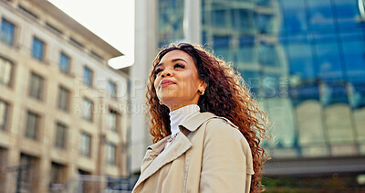 Buy stock photo Commuting, thinking and woman in city, travel and journey for work, low angle and outdoor in morning. Trip, contemplating and professional with ideas for journalism, road and opportunity for person