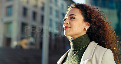 Buy stock photo Confident, happy and woman in city, travel and journey for work, commuting and outdoor in morning. Trip, contemplating and professional with ideas for journalism, road and opportunity for person