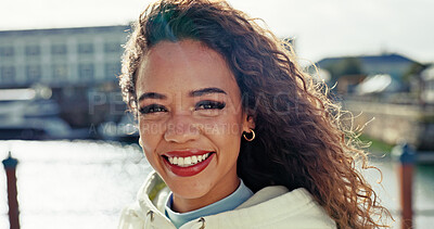 Buy stock photo Fashion, portrait and smile with woman in city for streetwear, gen z and creative. Confidence, pride and cool style with female person in brazil outdoors for urban, hip hop clothes and summer