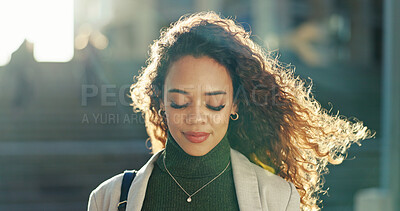 Buy stock photo Commuting, smile and woman in city, travel and confident for work, thinking and journey in morning. Trip, contemplating and professional with ideas for journalism, road and opportunity for person