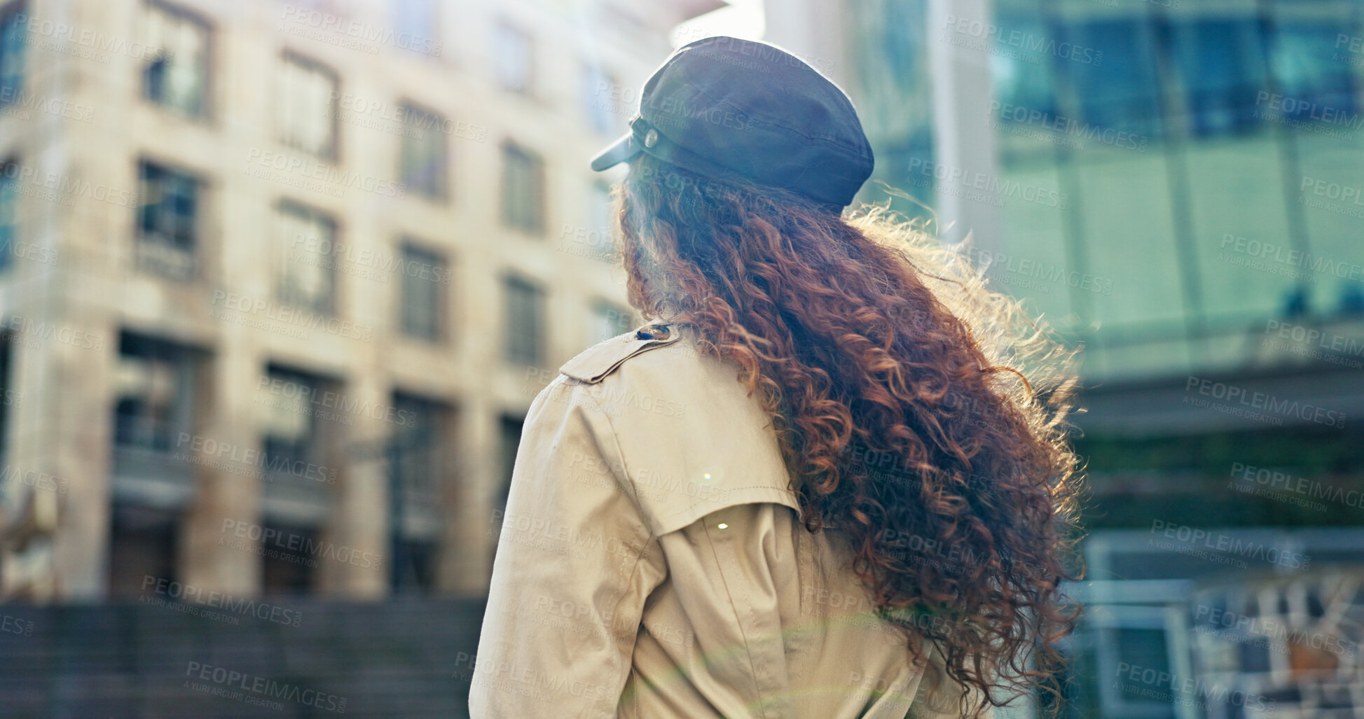 Buy stock photo Outdoor, business and woman with commuting in city to workplace for job opportunity. Back view, female person and walk in street or downtown for traveling as professional occupation for career growth