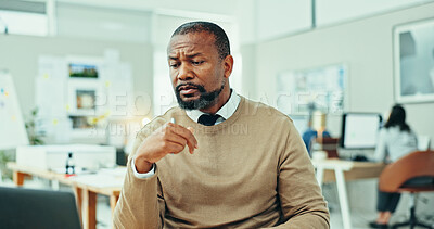 Buy stock photo Thinking, planning and laptop with business man in office for design proposal, project management and problem solving. Reflection, solution and brainstorming with person in creative agency for review