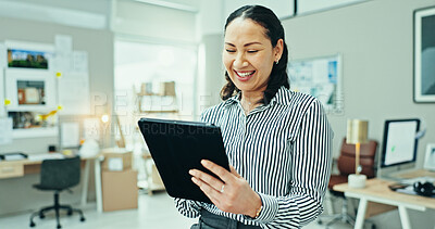 Buy stock photo Happy realtor, tablet and businesswoman in office for research online for real estate opportunity or listing services. Person, smile or browsing housing website for apartment post or property ads