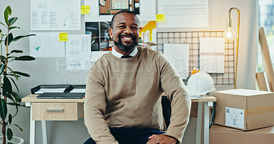 Buy stock photo Portrait, black man and happy in office for architecture, career pride and opportunity for housing development. Mature engineer, smile and confident in firm for small business, creative or renovation