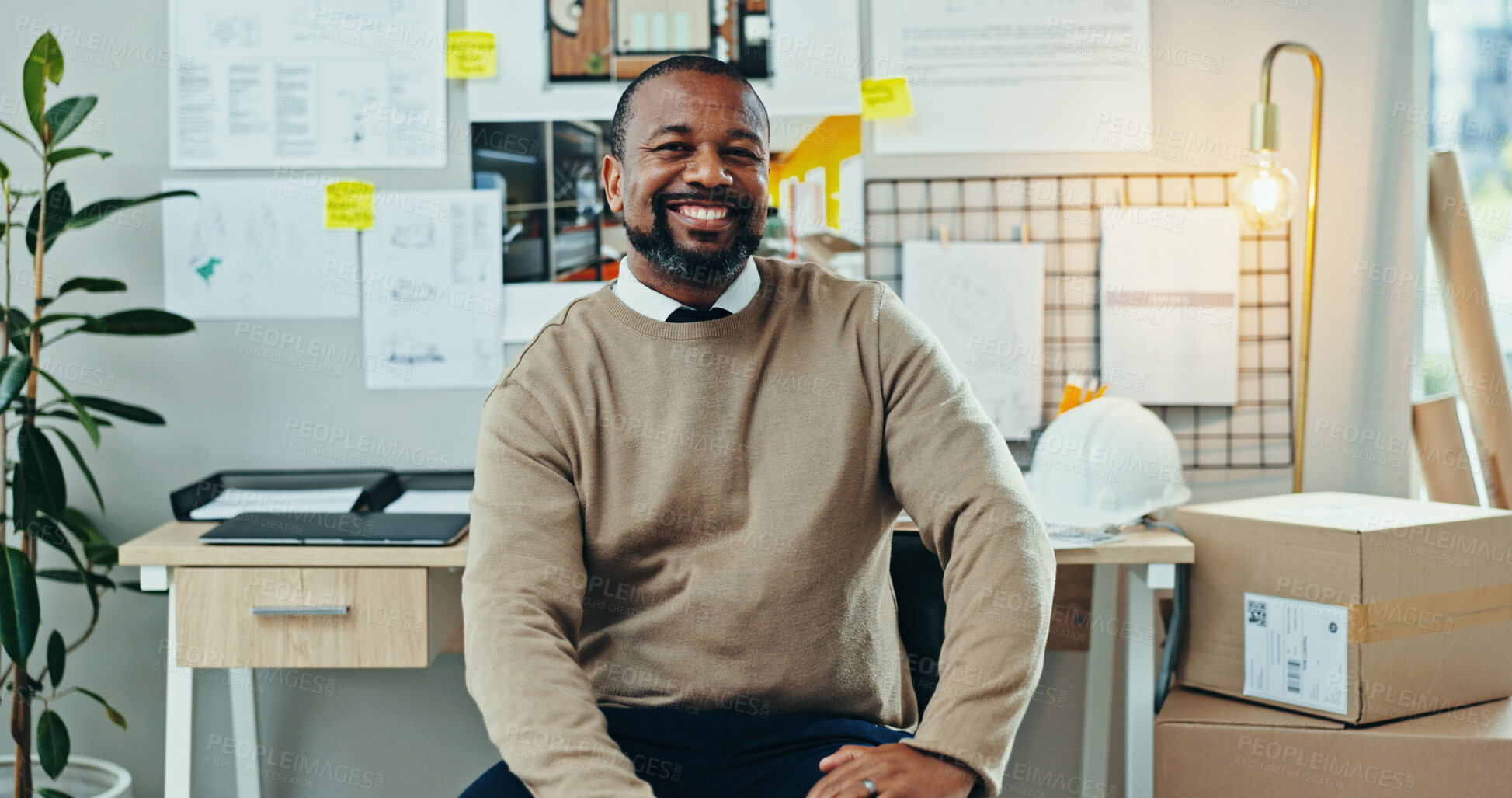 Buy stock photo Portrait, black man and happy in office for architecture, career pride and opportunity for housing development. Mature engineer, smile and confident in firm for small business, creative or renovation