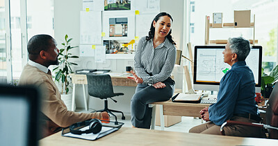 Buy stock photo Architect, team and meeting with discussion in office for planning, brainstorming or review for design. People, woman and man with blueprint, feedback and solution at real estate development agency