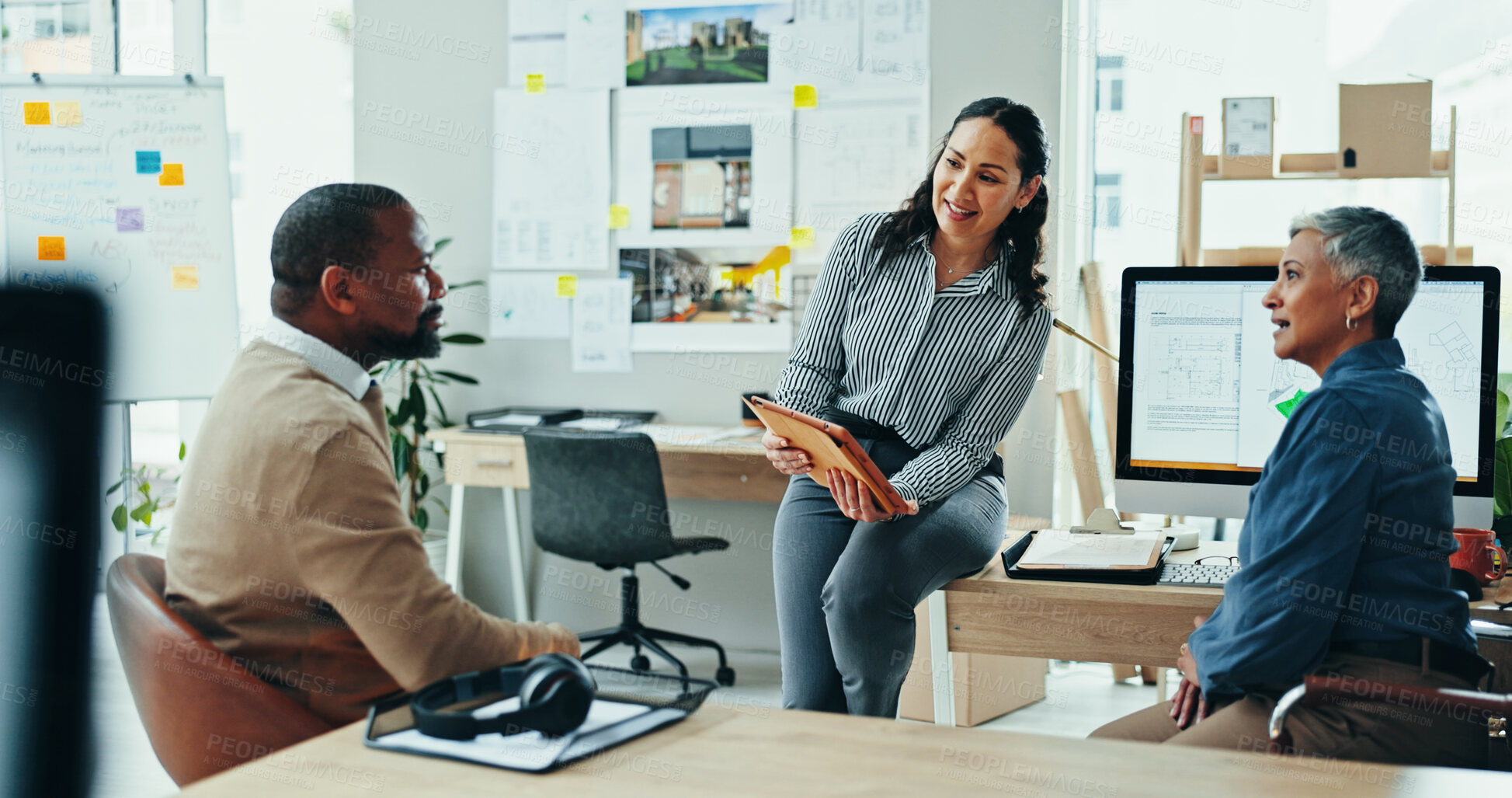 Buy stock photo Architect, group and meeting with planning in office for discussion, brainstorming or review for design. People, woman and man with blueprint, feedback and solution at real estate development agency