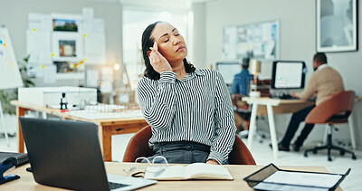 Buy stock photo Frustrated woman, headache and laptop with stress for debt, financial crisis or vertigo at office. Tired, female person or employee with migraine, dizziness or pain for strain, pressure or overworked