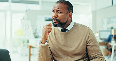 Buy stock photo Thinking, planning and vision with business man in office for design proposal, project management and problem solving. Reflection, solution and brainstorming with person in creative agency for review