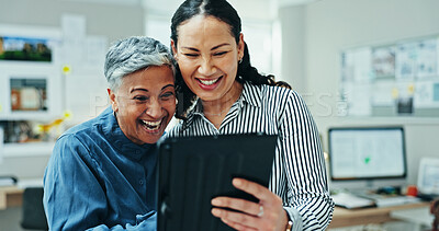 Buy stock photo Women, tablet and video call in team at startup with smile, excited or together for deal, funding or sale of art. People, touchscreen and application for contact, happy or success at creative agency