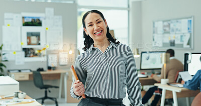 Buy stock photo Woman, architect and portrait in office for business, career development and pride for private firm. Designer, happy or tablet in agency for creativity, engineer or excited for project or opportunity