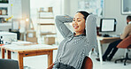 Woman, computer and relief with smile in office for time management, done and deadline at startup. Person, happy and relax by pc with project, approval and complete with art sale at creative agency