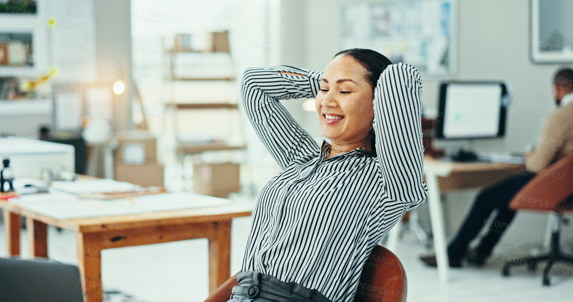 Buy stock photo Woman, computer and relief with smile in office for time management, done and deadline at startup. Person, happy and relax by pc with project, approval and complete with art sale at creative agency