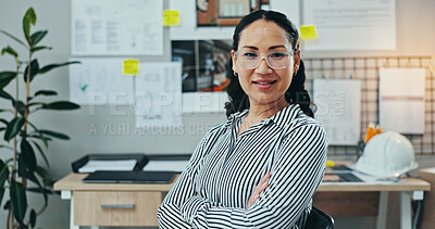 Buy stock photo Portrait, woman or confident in office for architecture, career pride or opportunity for housing development. Engineer, glasses or arms crossed in firm for project management, creative or renovation