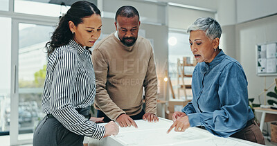 Buy stock photo Architects, lightbox and meeting with agency, planning and discussion for creative partnership. Businessman, woman and engineering with blueprint, brainstorming and problem solving for startup office