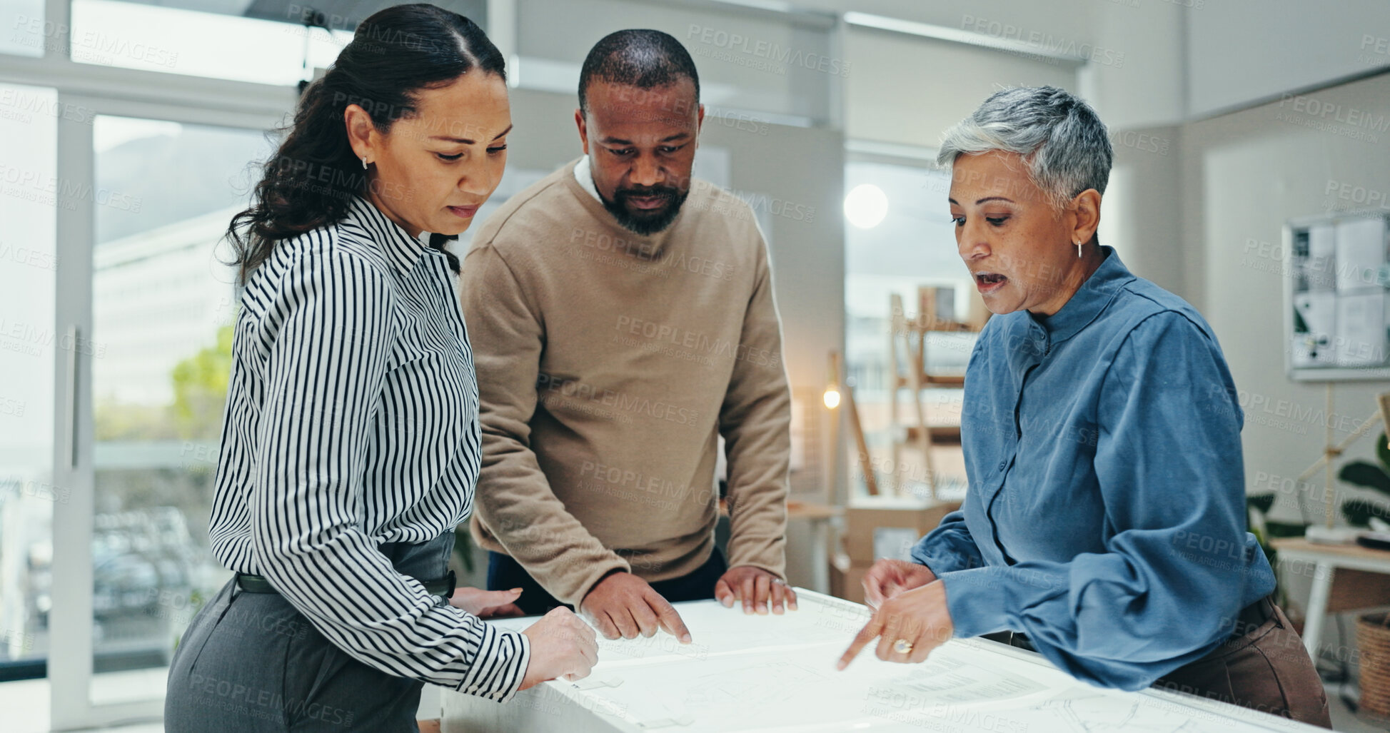 Buy stock photo Architects, lightbox and meeting with agency, planning and discussion for creative partnership. Businessman, woman and engineering with blueprint, brainstorming and problem solving for startup office