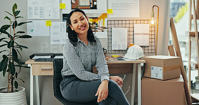 Buy stock photo Business woman, architect and portrait in office for startup project, floor plan or building research. Professional person, designer or engineer with smile for blueprint, ideas or creative consultant