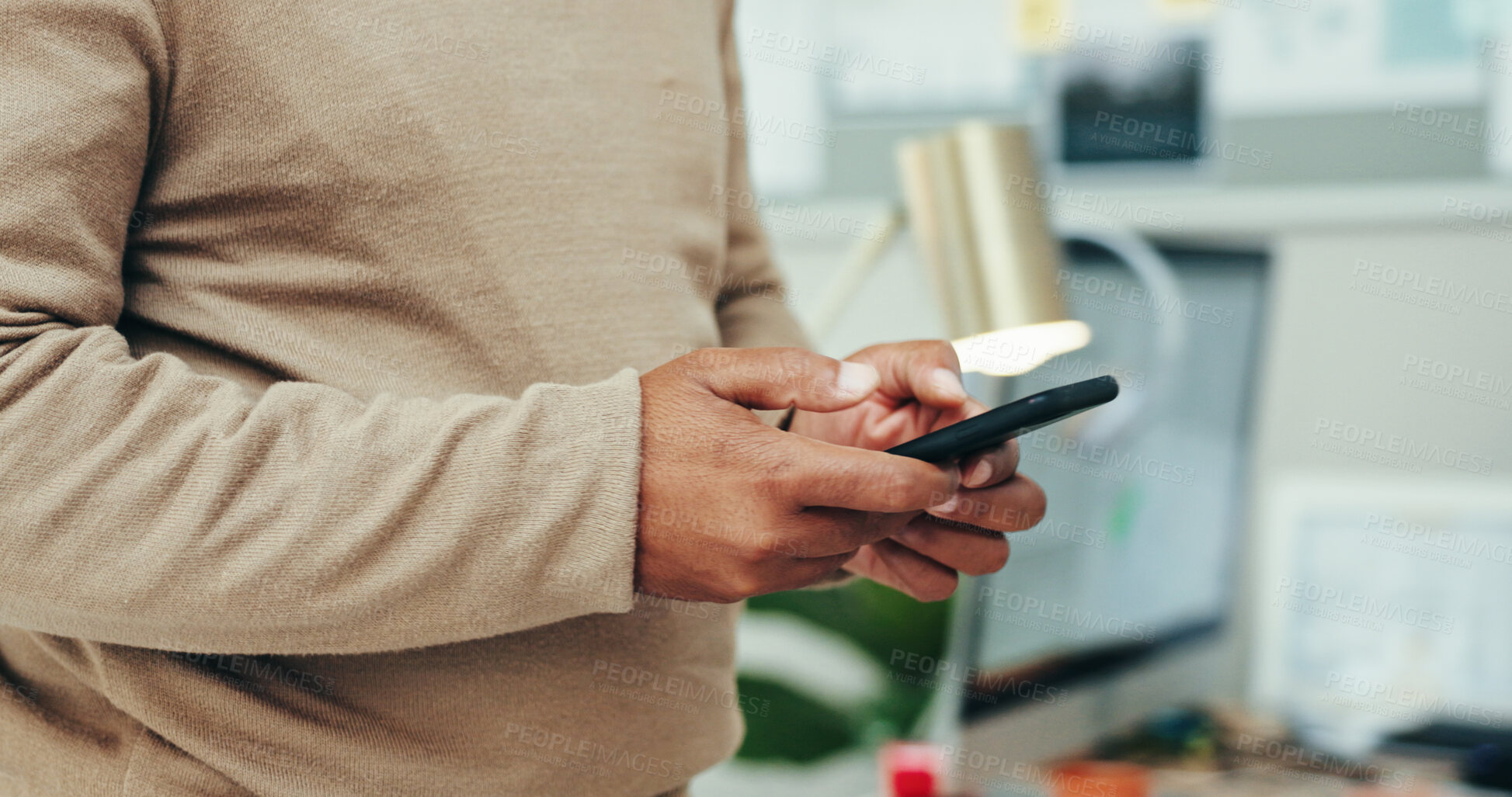 Buy stock photo Business, hands and typing with phone in office for text message, email response or online networking. Employee, person and smartphone on work break with social media scroll or checking notifications