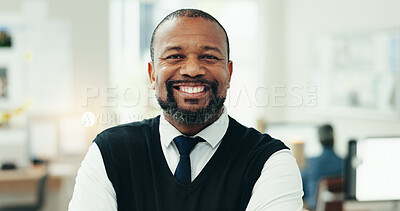 Buy stock photo Happy, office and portrait of business black man with confidence, ambition and company pride. Startup agency, professional and person smile for architecture, real estate design and creative career