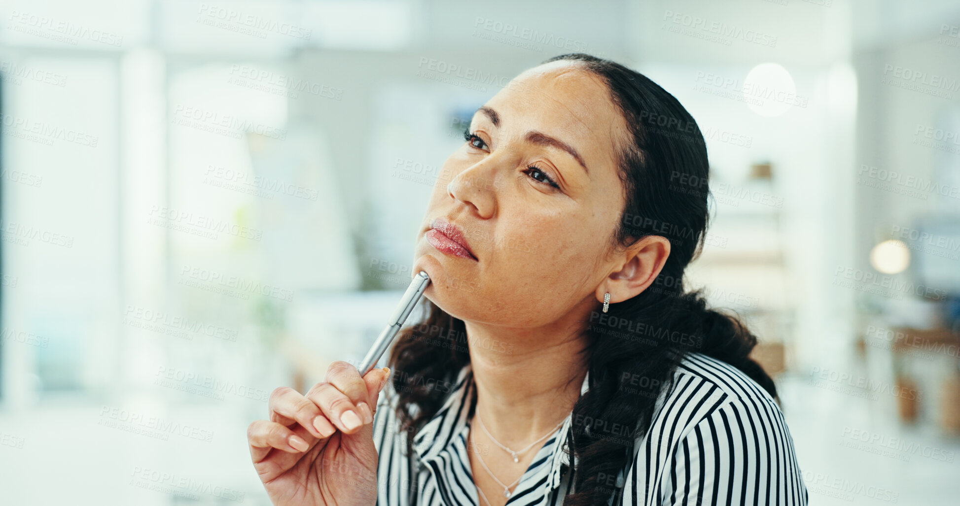 Buy stock photo Business woman, thinking and pen with decision for problem solving, solution or ideas at office. Female person, creative or thoughtful employee with wonder or thought for choice or contemplating