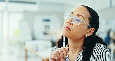 Buy stock photo Thinking, planning and vision with business woman in office for design proposal, project management and glasses. Reflection, solution and brainstorming with person in creative agency for review