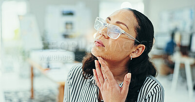 Buy stock photo Thinking, planning and glasses with business woman in office for design proposal, project management and vision. Reflection, solution and brainstorming with person in creative agency for review