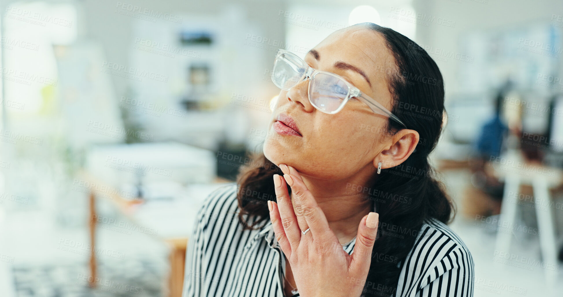 Buy stock photo Thinking, planning and glasses with business woman in office for design proposal, project management and vision. Reflection, solution and brainstorming with person in creative agency for review