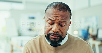Buy stock photo Office, thinking and face of mature black man with planning, concentration and inspiration for design solution. Brainstorming, research and project manager with creative ideas in business development