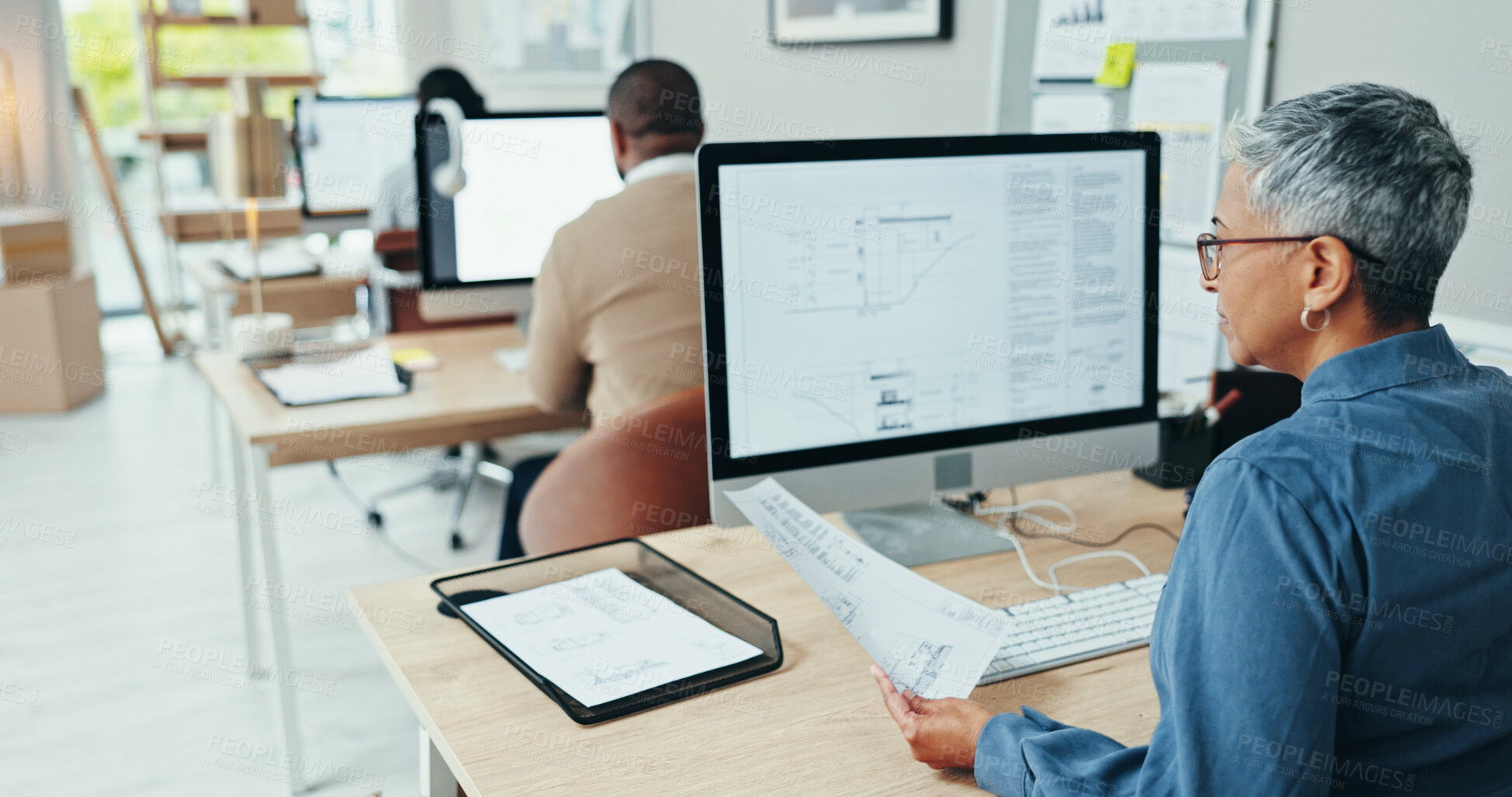 Buy stock photo Architect, computer screen and employee in office, documents and planning for design, blueprint and online. Digital, display and review of floor plan for architecture, process and sketch for project