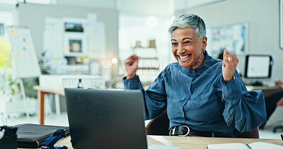 Buy stock photo Mature, excited woman and winning with laptop for promotion, good news or celebration at office. Happy, female person or employee with smile or fist pump for amazing offer, deal or prize at workplace