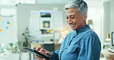 Buy stock photo Mature woman, tablet and realtor in office for research online for real estate opportunity or listing services. Happy agent, smile and browsing housing website for apartment, ideas and property ads