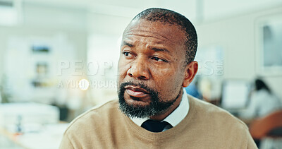 Buy stock photo Thinking, planning and idea with business man in office for design proposal, project management and problem solving. Reflection, solution and brainstorming with person in creative agency for review