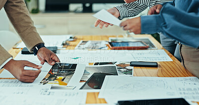 Buy stock photo Architects, hands and design meeting with documents, planning and agency for creative partnership. Business people, tablet and engineering for blueprint, brainstorming or problem solving for startup