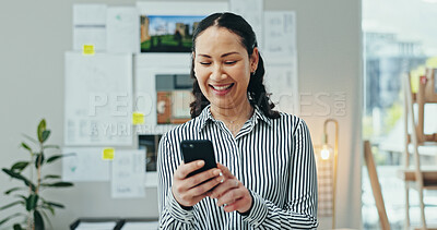 Buy stock photo Woman, phone and happy at startup with reading, notification or deal for project in studio. Person, art dealer and smartphone with email, contact or excited with app for networking at creative agency