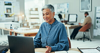 Buy stock photo Office, smile and mature woman with laptop, good news email and budget funding deal for architecture project. Creative, design and happy architect with online business plan success at digital agency