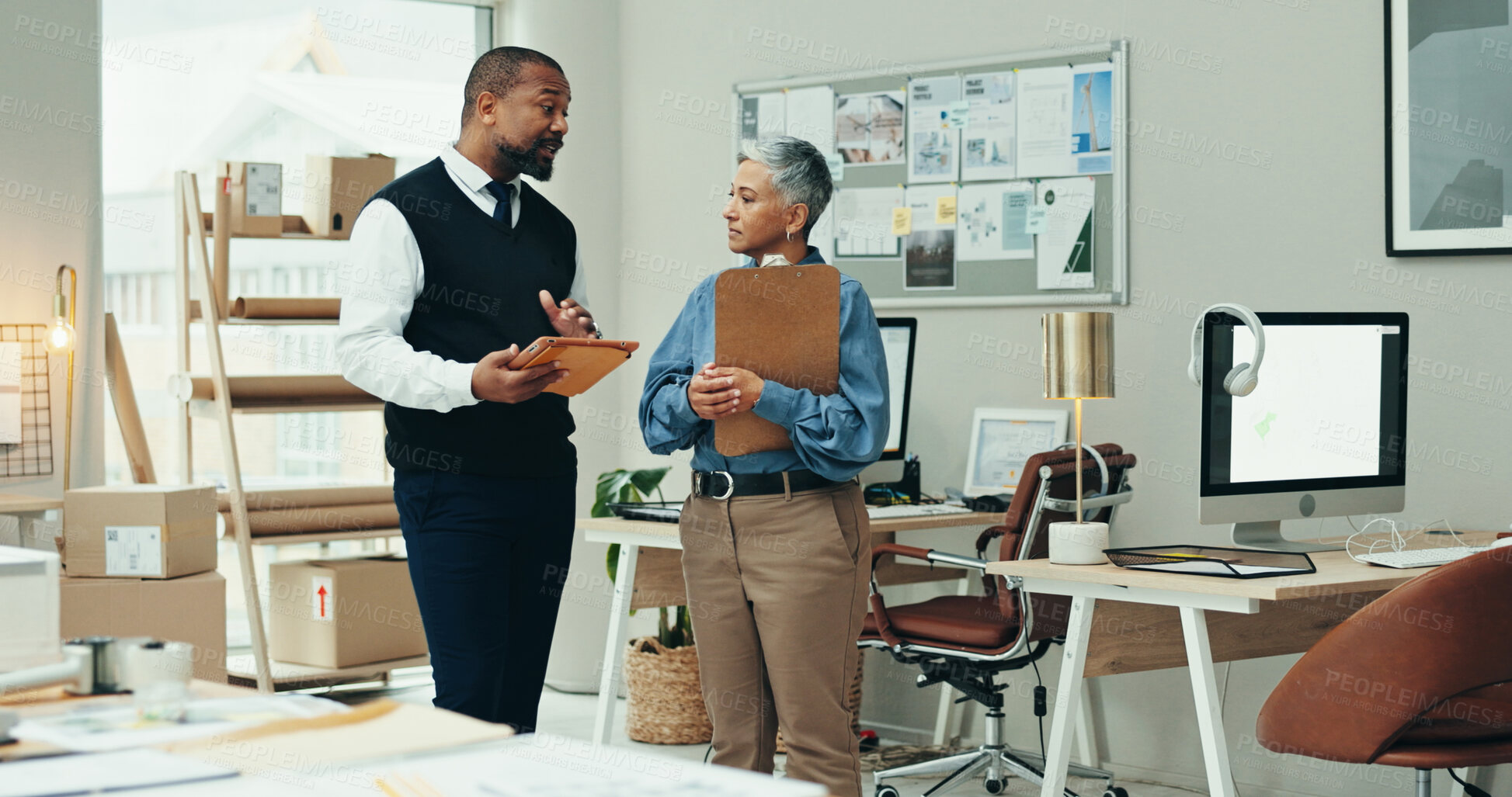 Buy stock photo Courier service, business people and conversation in office, tablet and brainstorming with online schedule. Employees, coworking and advice with distribution, technology and internet with logistics