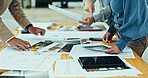 Architects, hands and meeting with documents, planning and agency for creative partnership. Business people, tablet and engineering for blueprint, brainstorming or problem solving for startup office