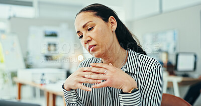 Buy stock photo Thinking, reading and laptop with business woman in office for design proposal, project management and online. Reflection, solution and brainstorming with person in creative agency for review