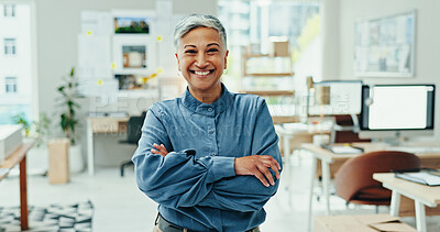 Buy stock photo Crossed arms, office and portrait of business woman with confidence, ambition and company pride. Startup, professional and happy mature person smile for architecture, design and creative career