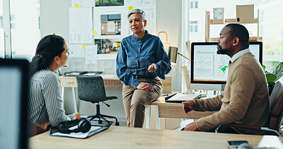 Buy stock photo Architect, team and meeting with planning in office for discussion, brainstorming or review for design. People, woman and man for blueprint, feedback or solution for real estate development at agency