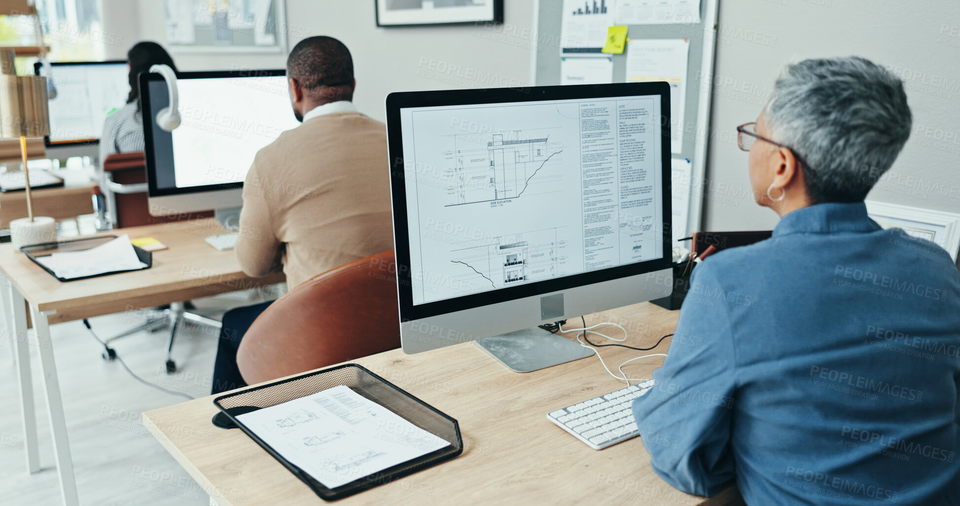 Buy stock photo Architect, computer screen and employee in office, coworking and info for design, documents and online. Digital, display and planning for project, architecture and person with blueprint and layout
