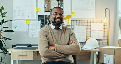 Buy stock photo Portrait, black man or confident in office for architecture, career pride or opportunity for housing development. Mature engineer, smile or arms crossed in firm for small business ambition in Nigeria