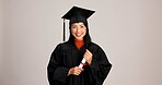 Smile, graduation and diploma with portrait of asian woman in studio for success, college degree or award. Achievement, education and university student with person on white background for mockup