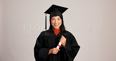 Buy stock photo Smile, graduation and diploma with portrait of asian woman in studio for success, college degree or award. Achievement, education and university student with person on white background for mockup